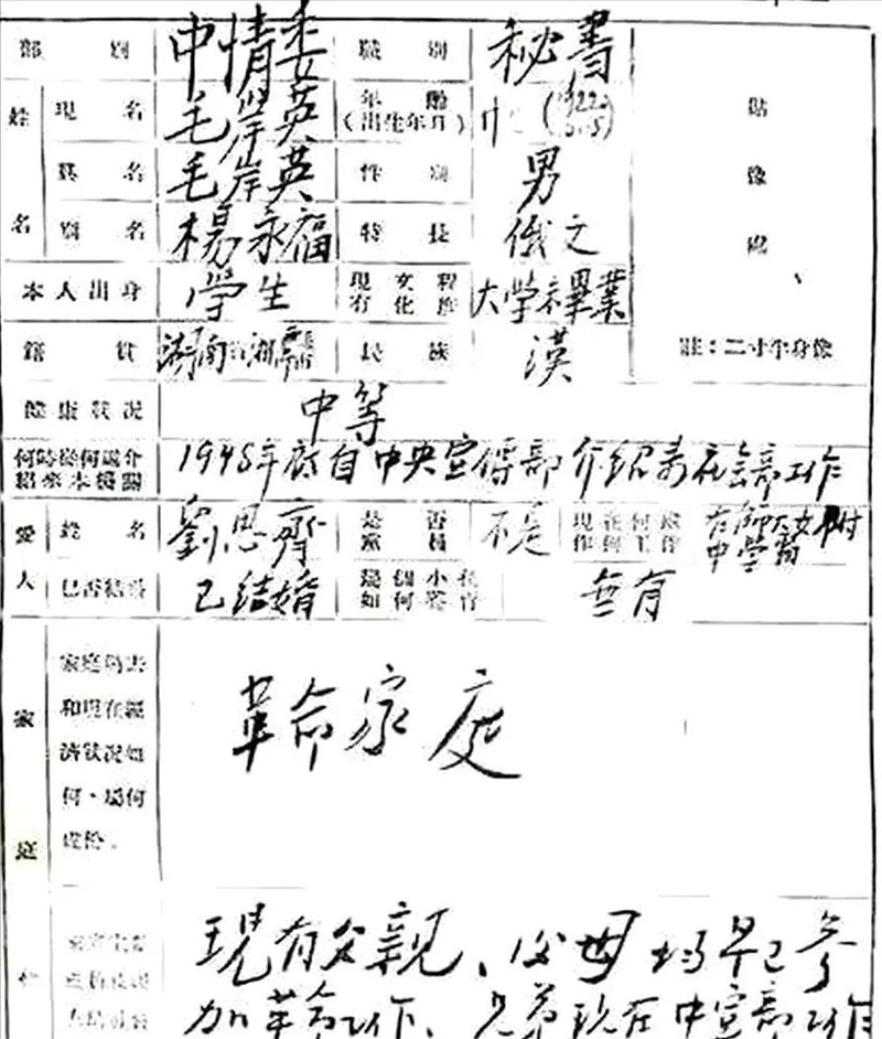 你见过毛岸英亲自填写的履历表吗？字迹真切，深得“毛体”精髓