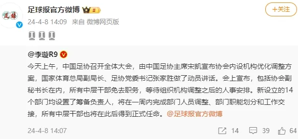 中国足协所有中层干部暂时被免职